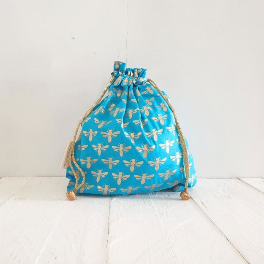 Paper Mirchi Turquoise Bee Fabric Gift Bag Lg