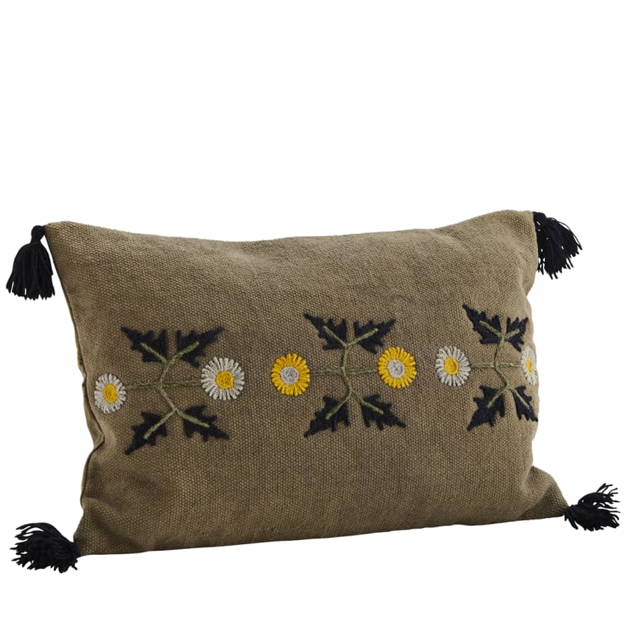 Madam Stoltz Brown Cotton Wool Embroidered Cushion