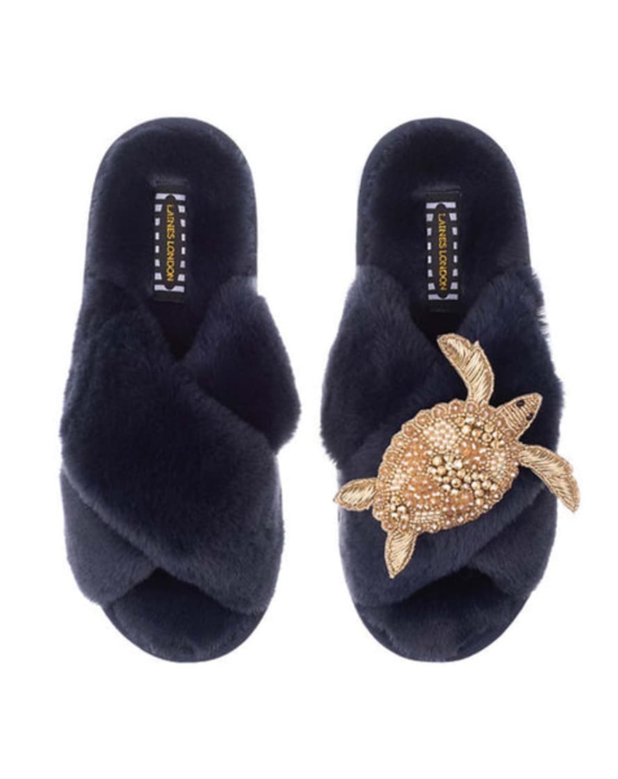 Lilac Rose Laines Classic Slippers With Artisan Gold Turtle In Navy