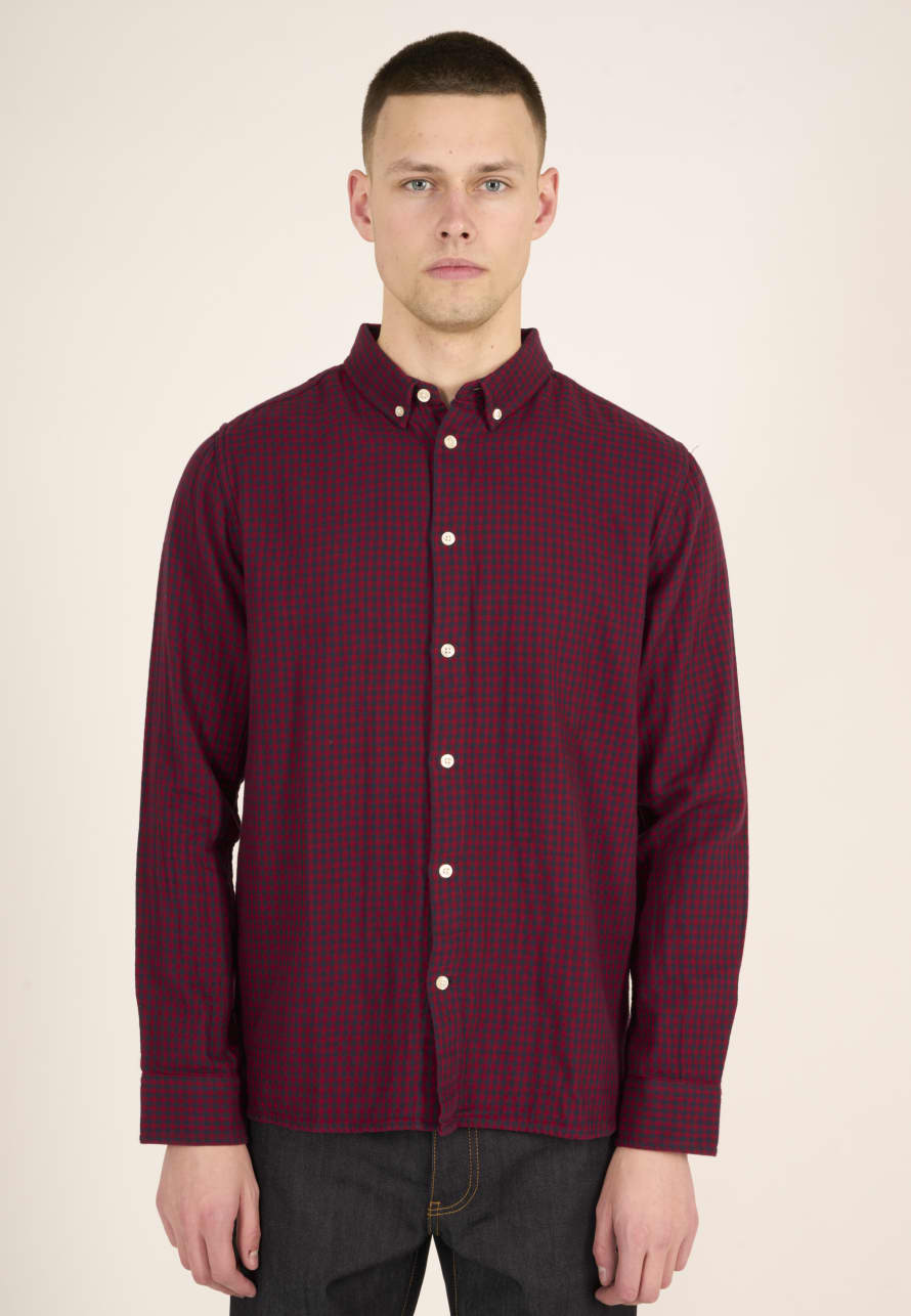 Knowledge Cotton Apparel  90769 Double Layer Checkered Custom Fit Shirt Rhubarb