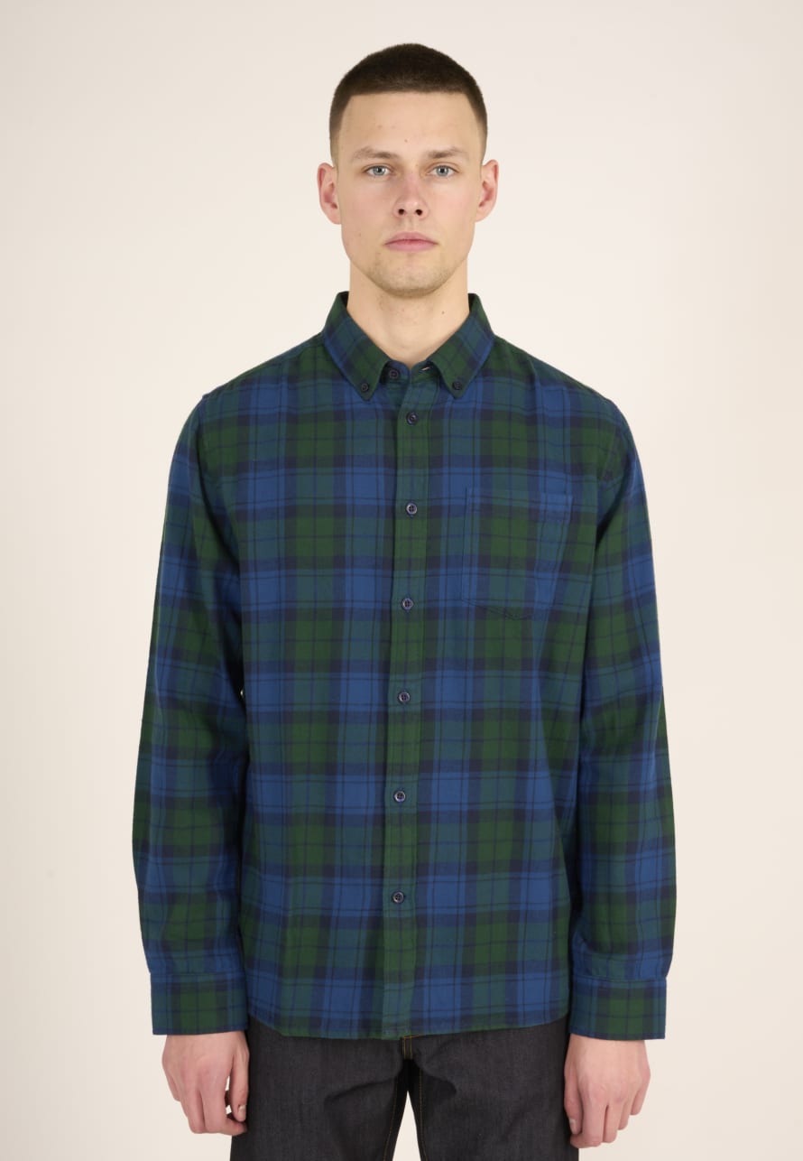 Knowledge Cotton Apparel  90933 Light Flannel Checked Custom Fit Shirt Trekking Green