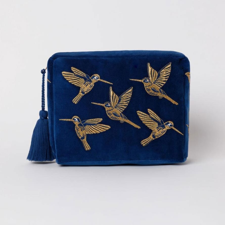 Elizabeth Scarlett Hummingbird Cobalt Velvet Wash Bag