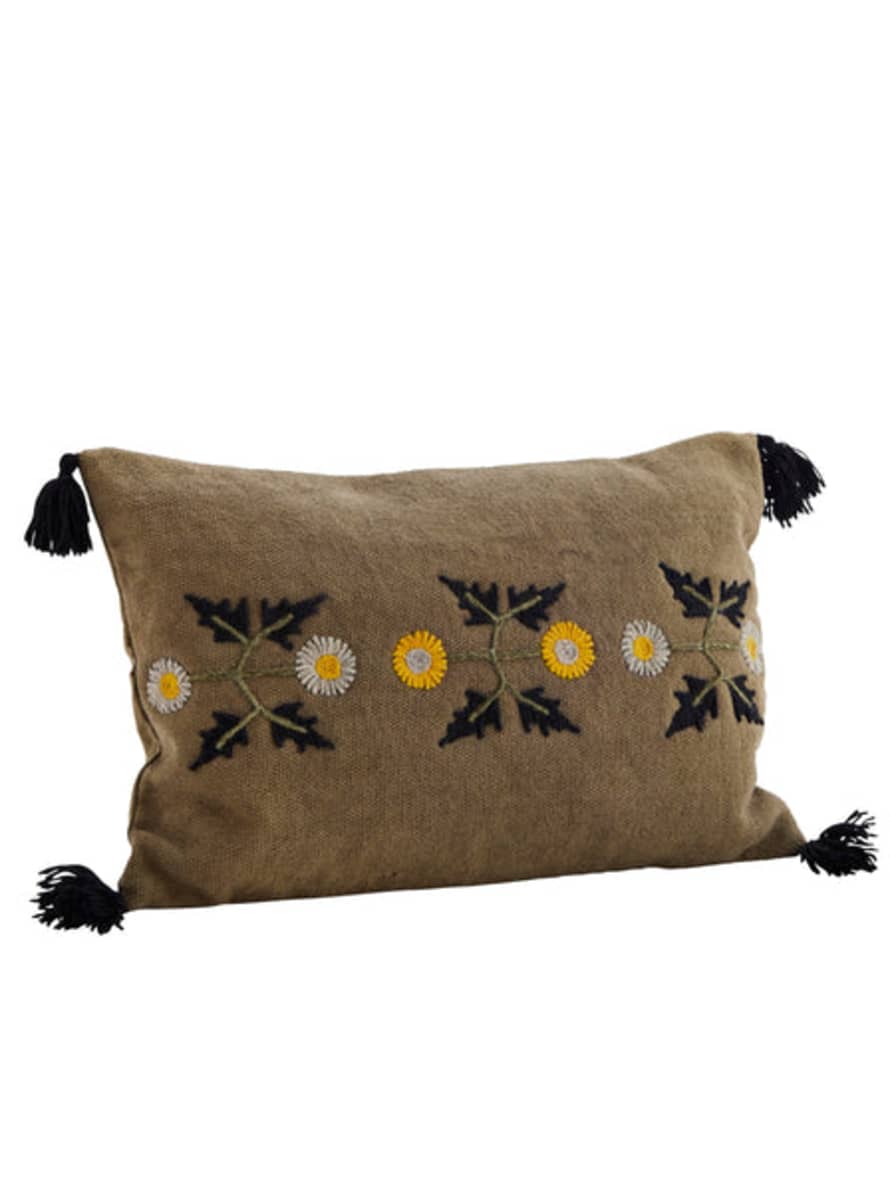 Madam Stoltz Olive Handwoven Cushion with Embroidery