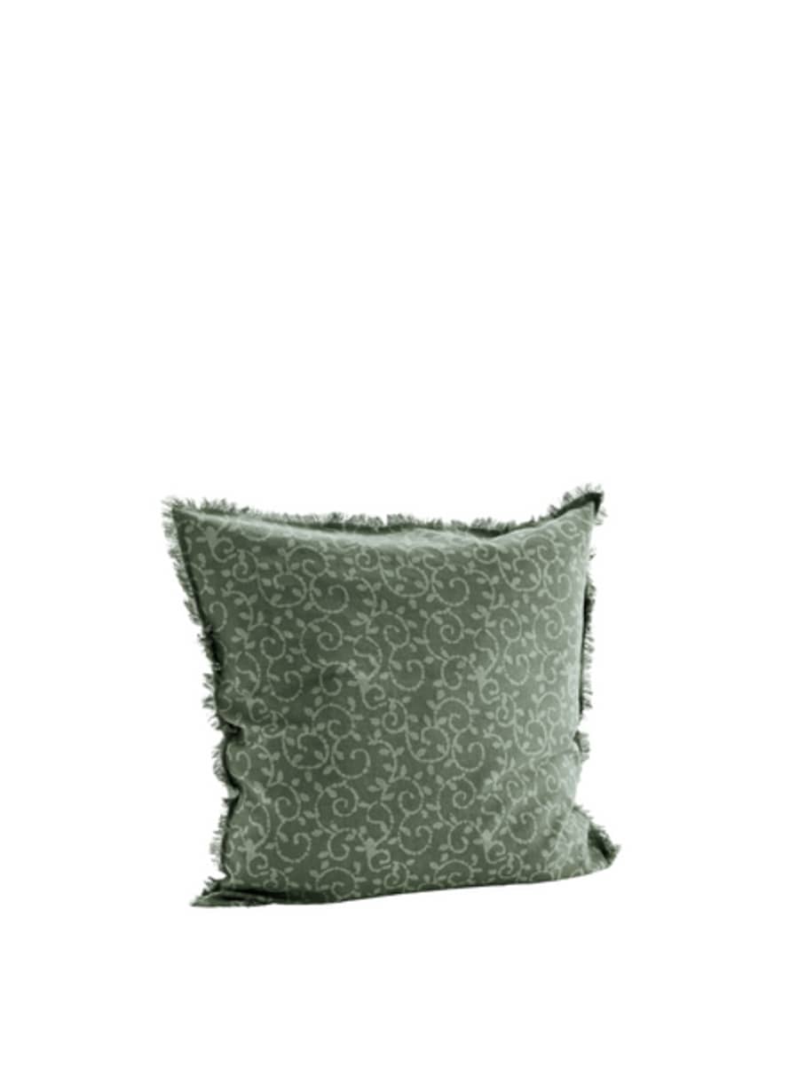 Madam Stoltz 60x60cm Dusty Green Printed Cushion Cover with Fringes 