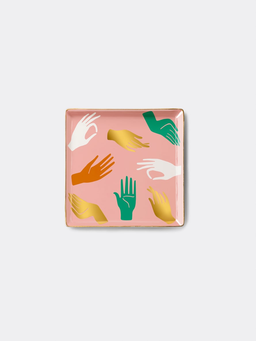 Octaevo Porcelain Pink Hamsa Tray Hand Applied Gold Glaze