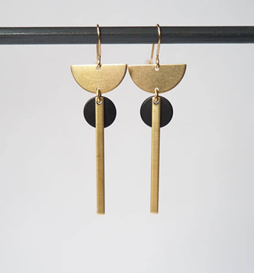 BRASS + BOLD Brass Crescent + Bar + Balck Disc Earrings