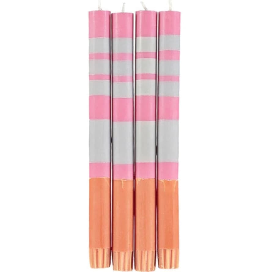 British Colour Standard Striped Willow Grey, Neyron Rose And Orange Flame Dinner Candles