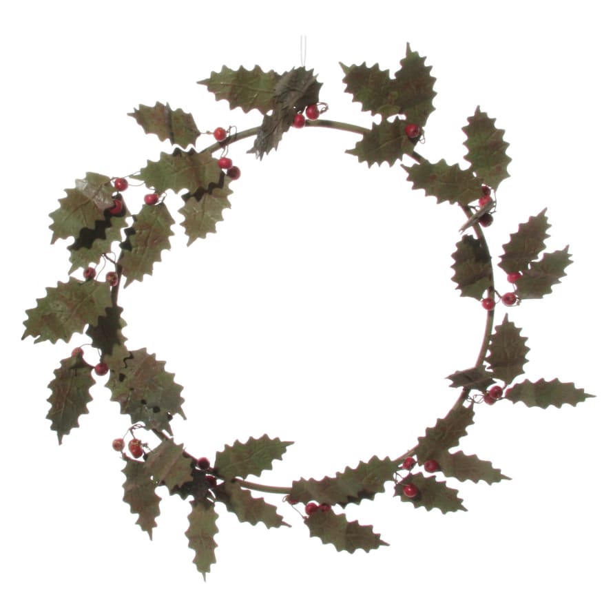 Shishi Metal Holly Wreath Antique Green/Red Beads  24Cm