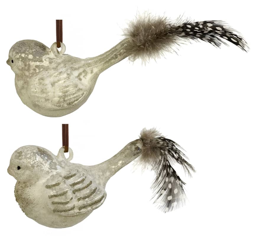 Shishi Iced White Glass Bird w/Feather Tail 15cm 