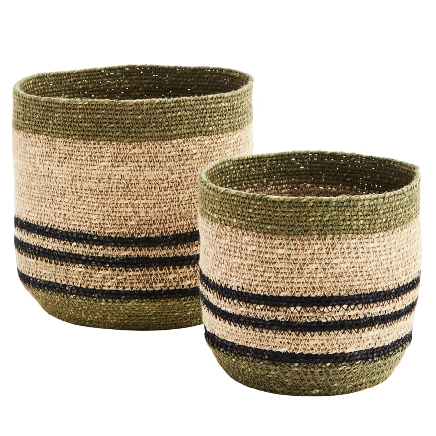 Madam Stoltz Set of 2 Olive Black and Natural Striped Seagrass Baskets