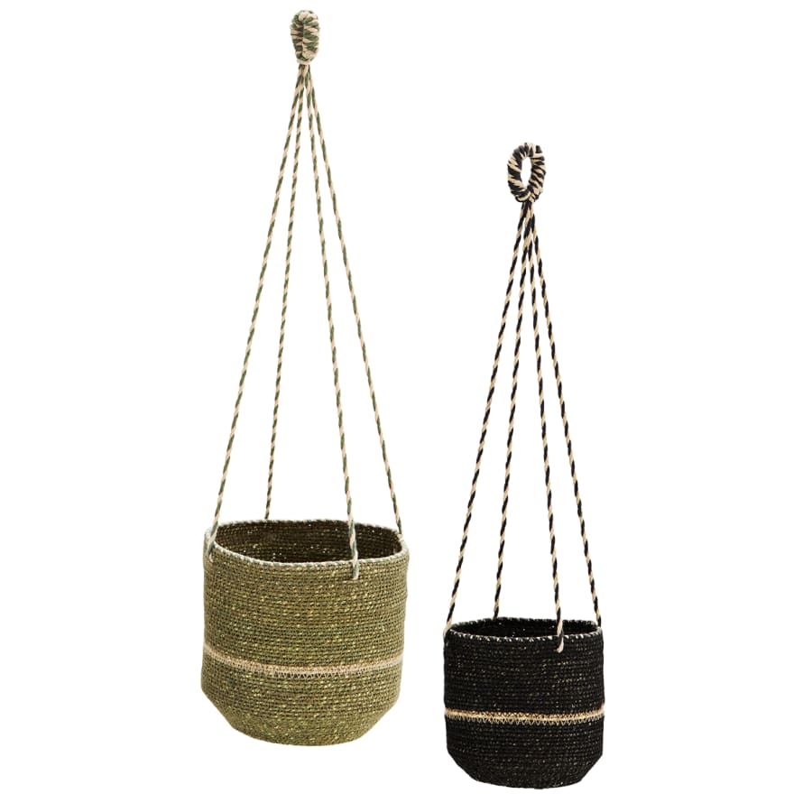 Madam Stoltz Set of 2 Olive Black and Natural Hanging Seagrass Baskets