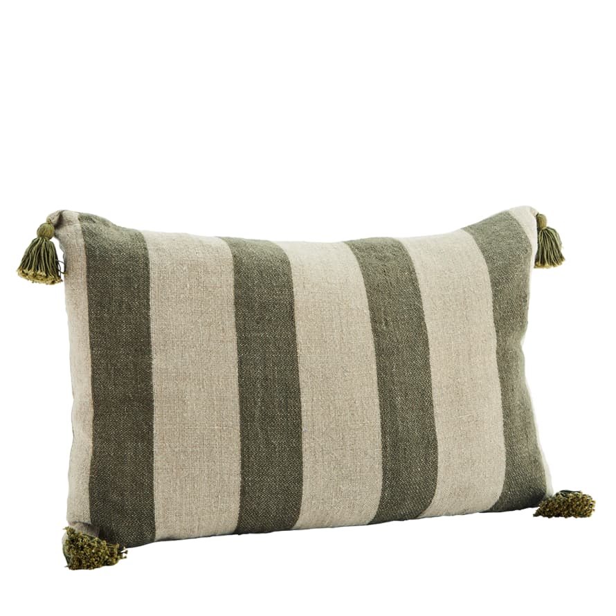 Madam Stoltz Natural and Olive Linen Striped Cushion Cover