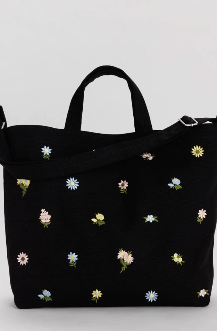 Baggu Embroidered Ditsy Floral Black Horizontal Duck Bag