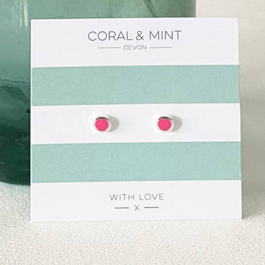 Coral & Mint Neon Pink Enamel Stud Earrings