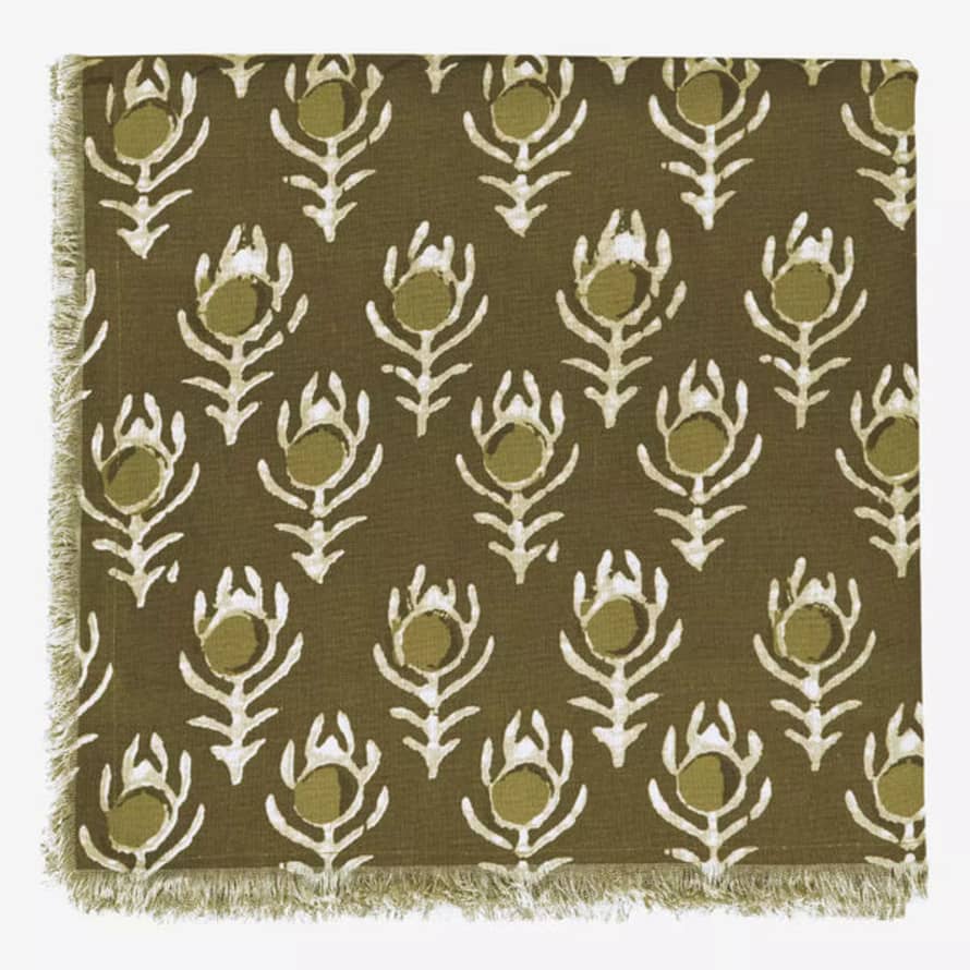 Madam Stoltz Green Printed Table Cloth with Fringes