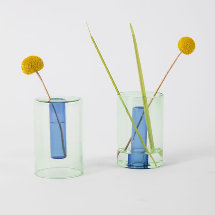 Block Design Reversible Glass Vase Small Green/blue