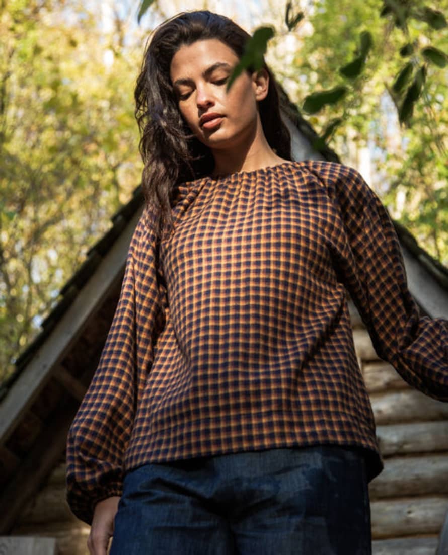 Beaumont Organic Aw23 Elodie-cay Organic Cotton Brushed Twill Blouse In Navy And Mustard Check