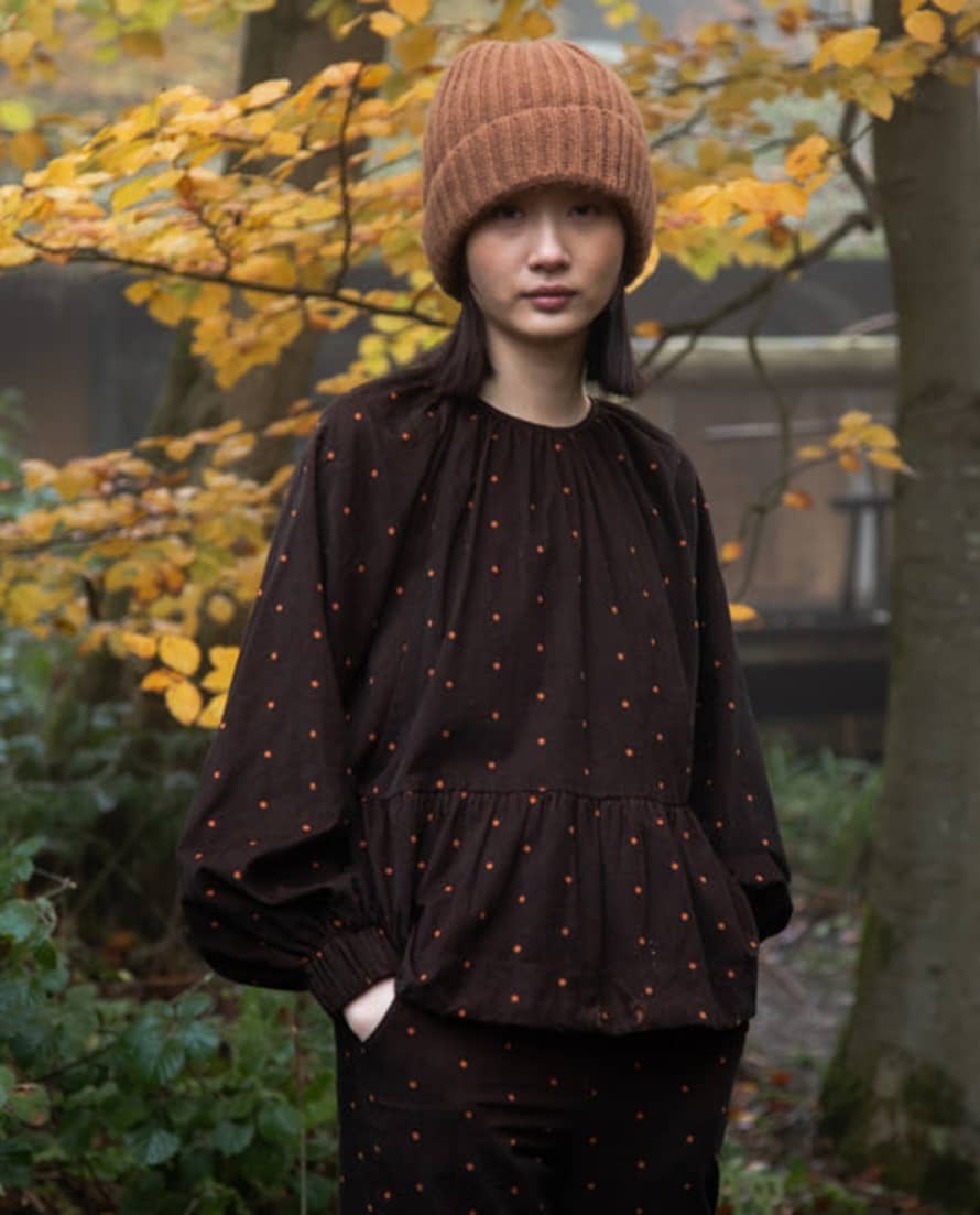 Beaumont Organic Aw23 Heidi-paige Printed Cord Blouse In Brown And Tan Polka Dot