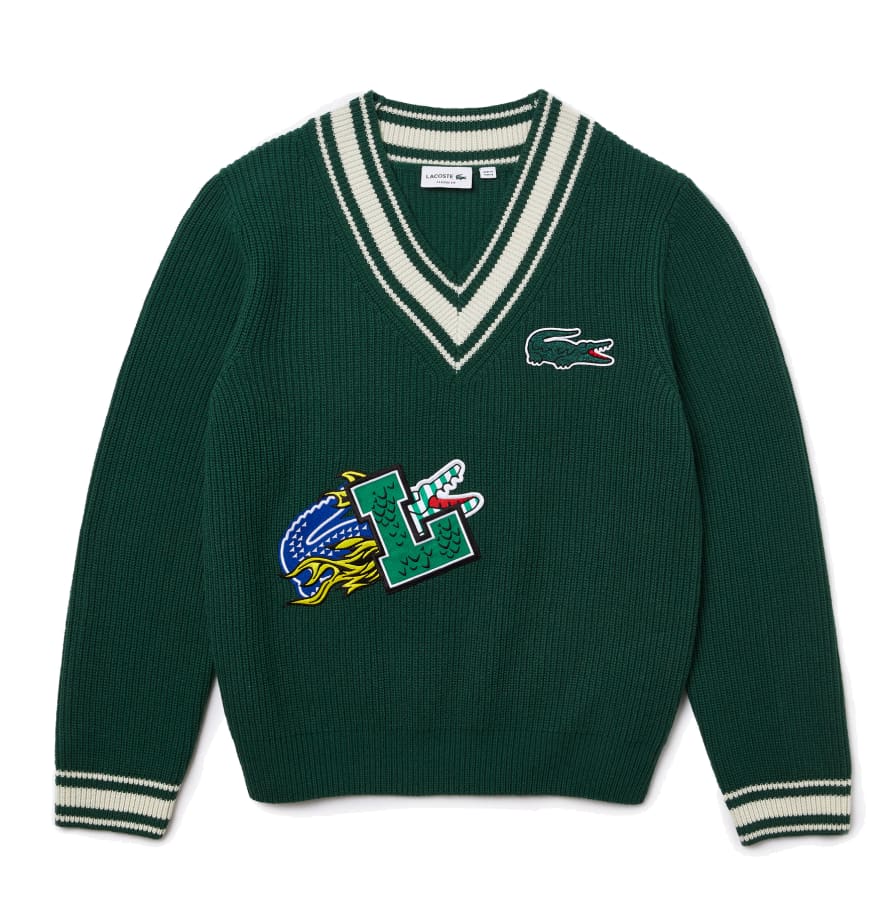 Lacoste Holiday Striped V-neck Sweater Comic Book Effect Badge Green