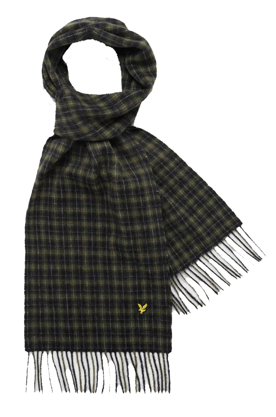 Lyle and Scott Check Lambswool Scarf Jet Black & Olive