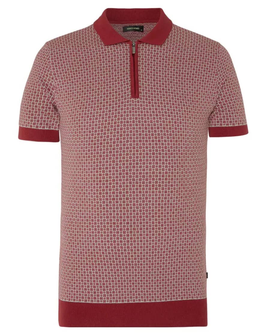 Remus Uomo Patterned Quarter Zip Knit Polo - Red / White