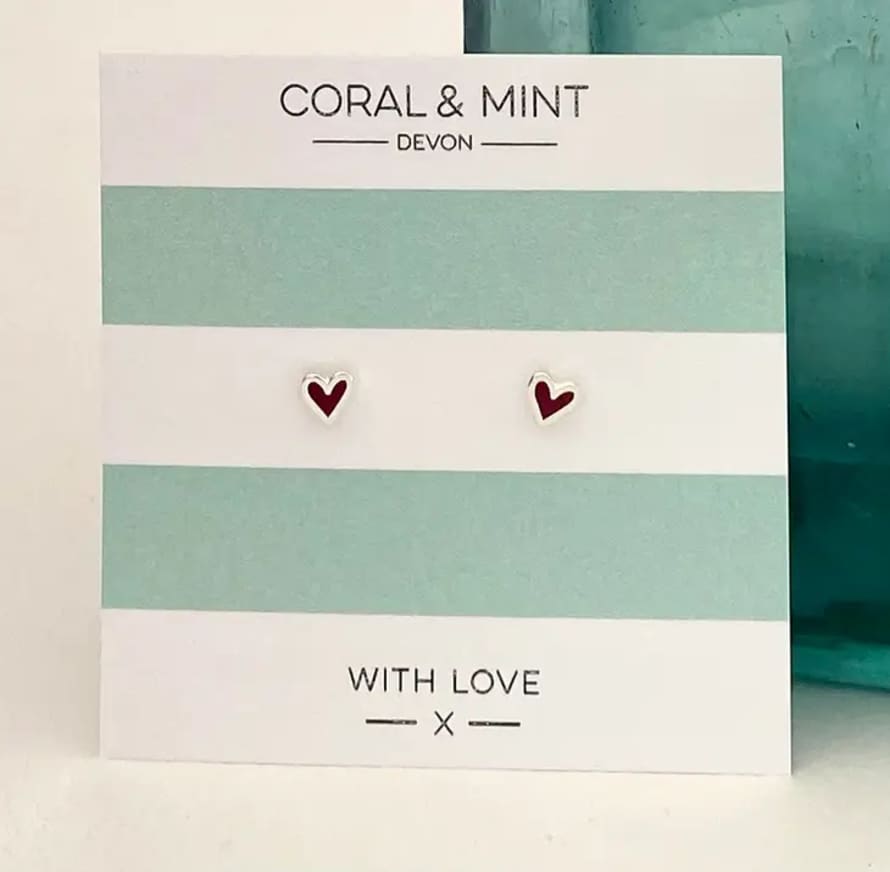 Coral & Mint Mini Heart Red Enamel Studs