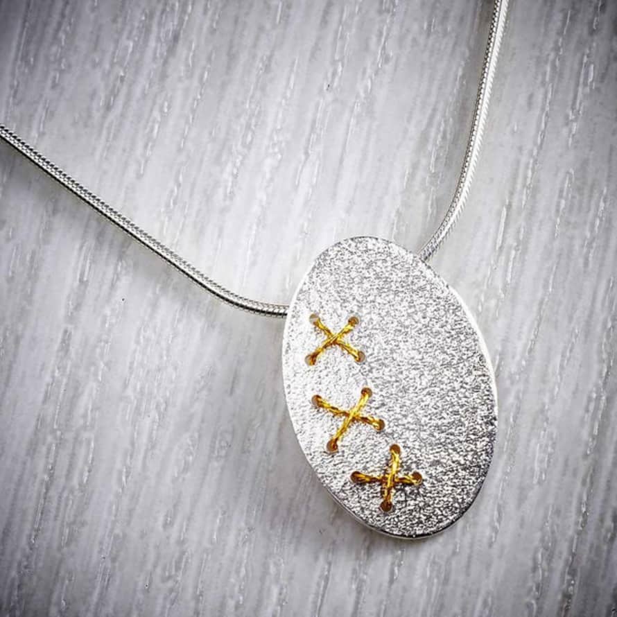 Sara Buk Jewellery Silver Oval Cross Stitch Necklace With Gold Thread