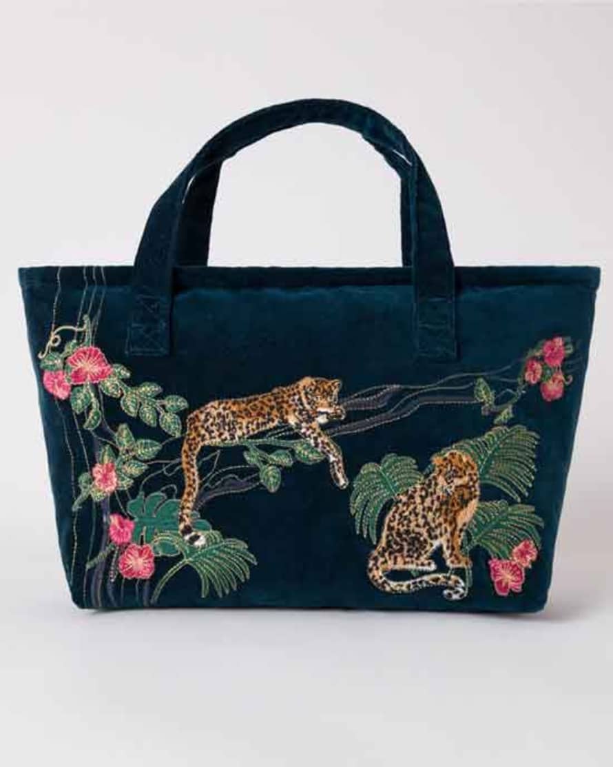 Elizabeth Scarlett Jungle Jaguar Ink Blue Velvet Day Bag