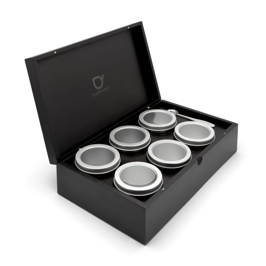 Bredemeijer Holland Tea Box In Bamboo with 6 Aluminium Round Canisters, A Tea Measuring Spoon and A Solid Lid In Black