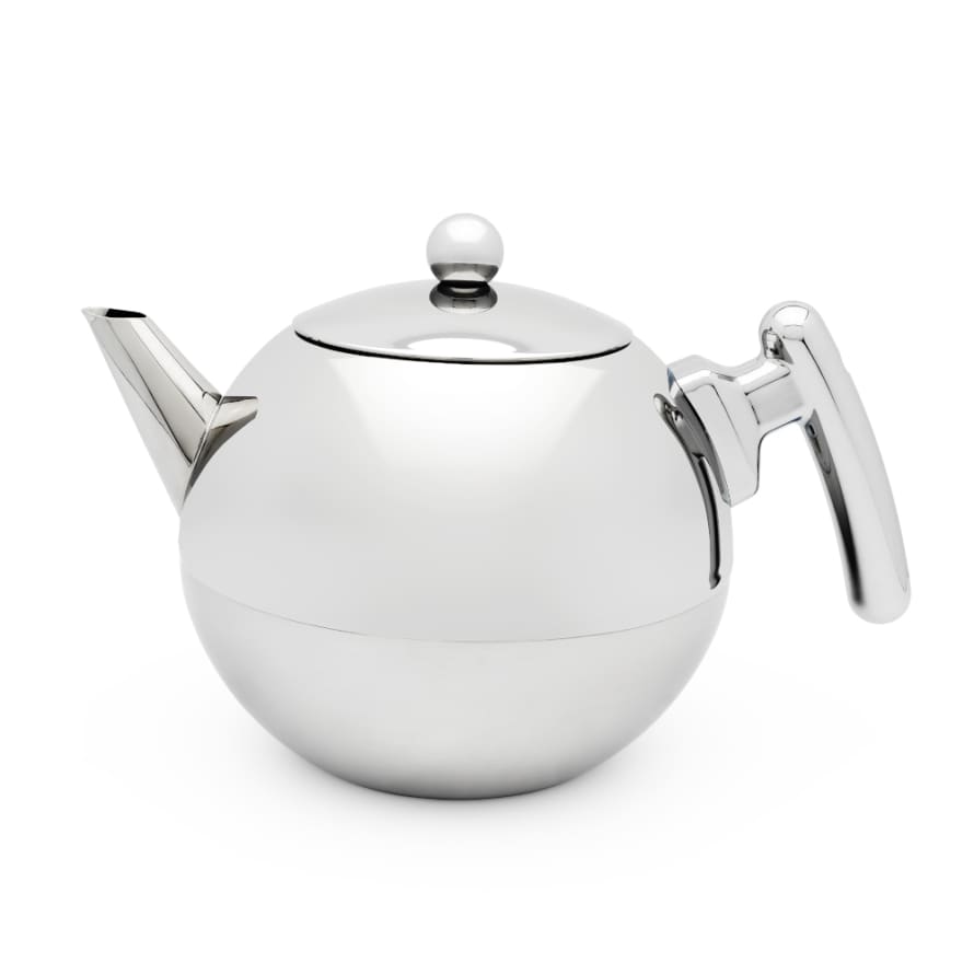 Bredemeijer Holland Bredemeijer Teapot Double Wall Bella Ronde Design 1.2l In Polished Steel Finish With Flat Base & Chrome Fittings