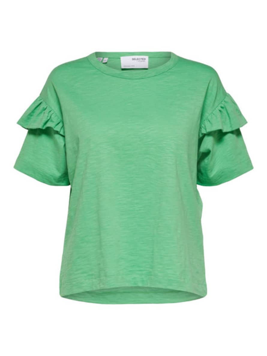 Selected Femme Organic Cotton Ruffle T-shirt In Absinth Green