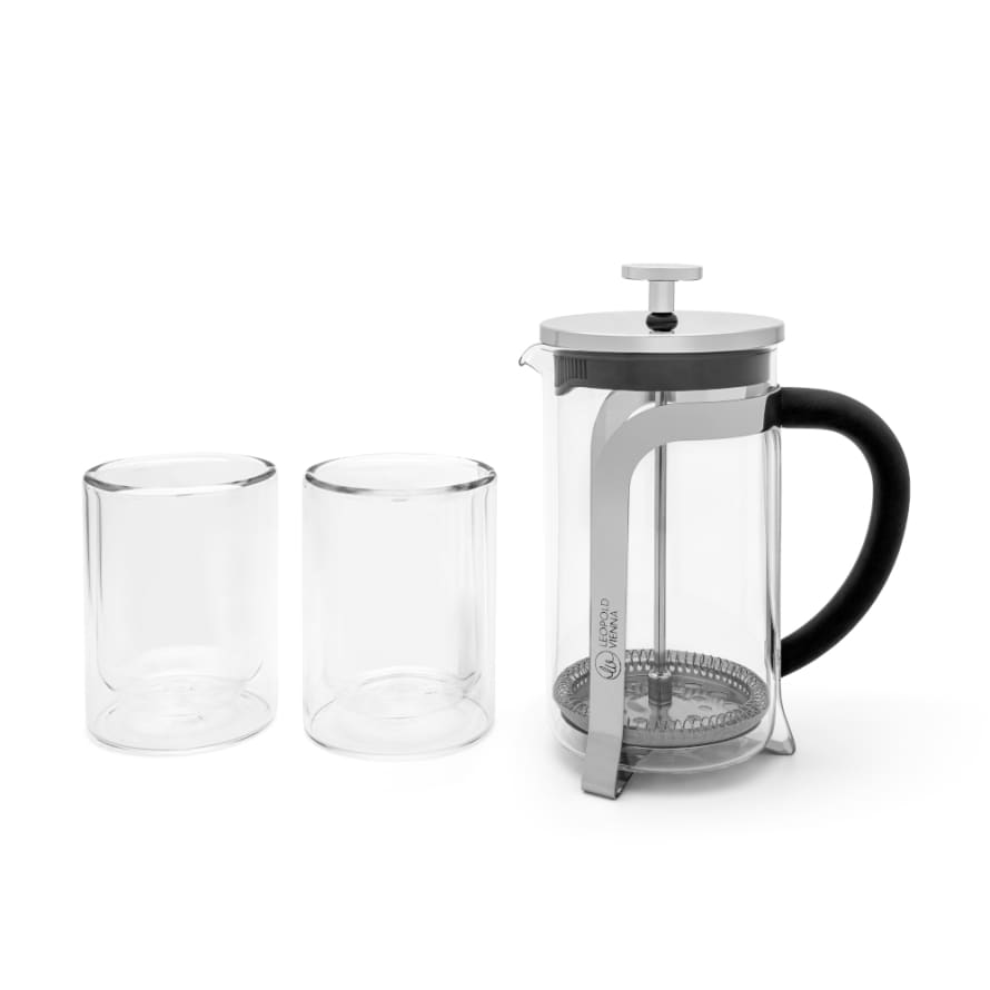 Leopold Vienna Holland Leopold Vienna Cafetiere Coffee Maker Shiny Design 600ml Borosilicate Glass Body With Black Handle & 2 Double Wall Glasses
