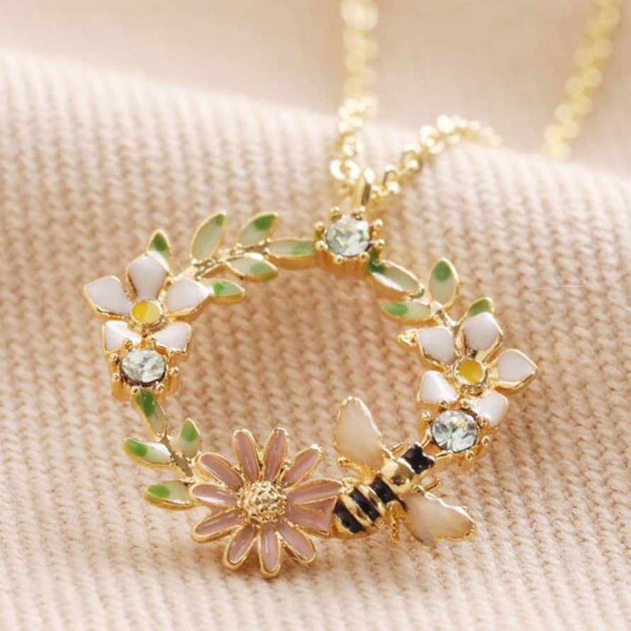 Lisa Angel Crystal Flower And Enamel Bee Pendant Necklace In Gold