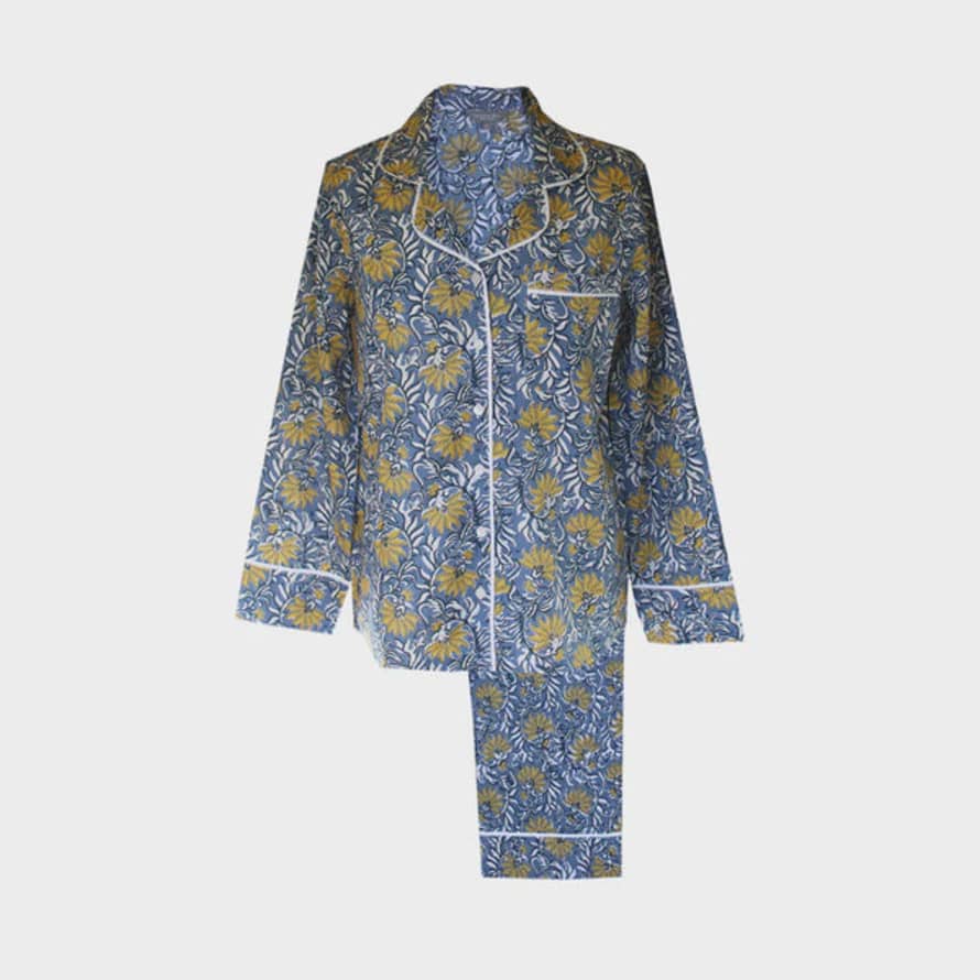 Lime Tree Design Cotton Block Print Pyjamas - Jaipur Floral Blue/yellow