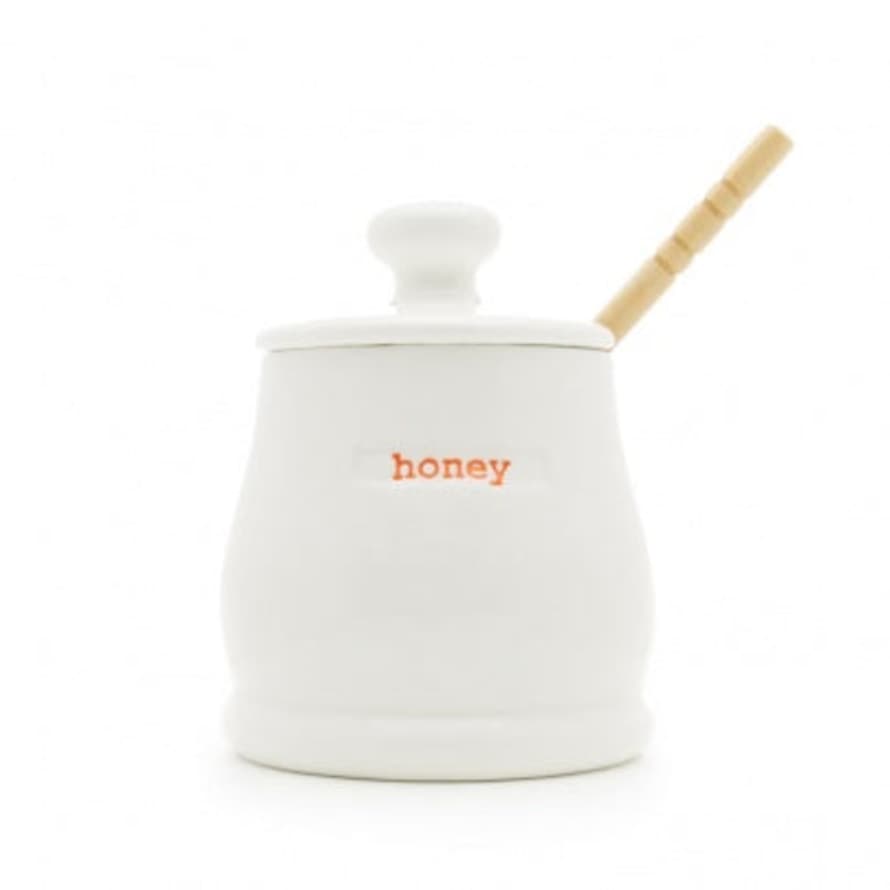Keith Brymer Jones  - Ceramic White Honey Pot & Wooden Drizzler – Honey