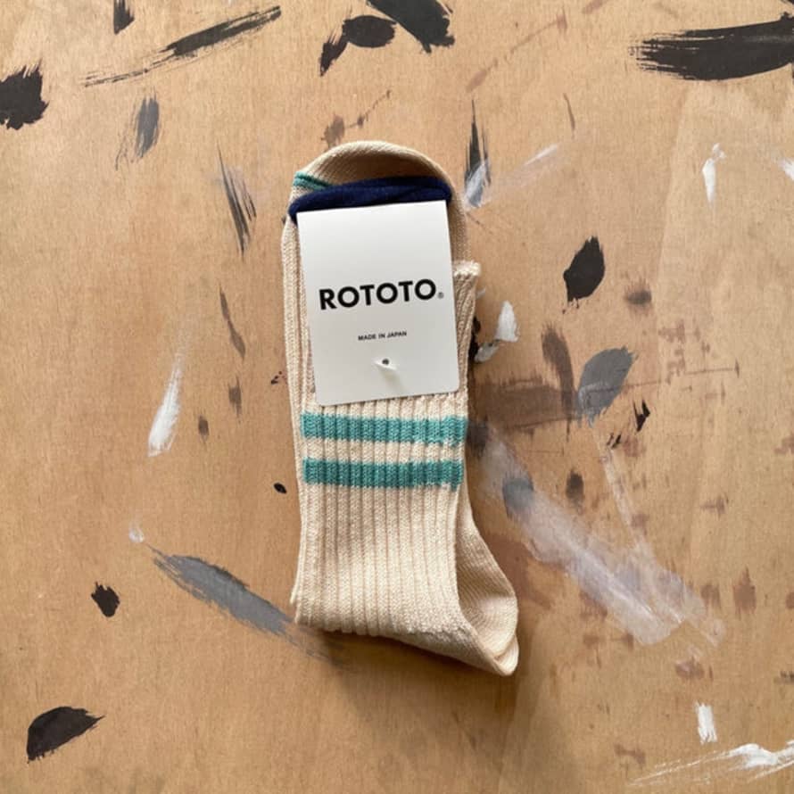 RoToTo Orangic Hemp Stripe Socks White Sand & Turquoise