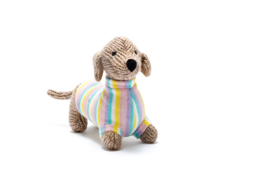 Best Years Knitted Sausage Dog Baby Rattle in Pastel Stripe Jumper