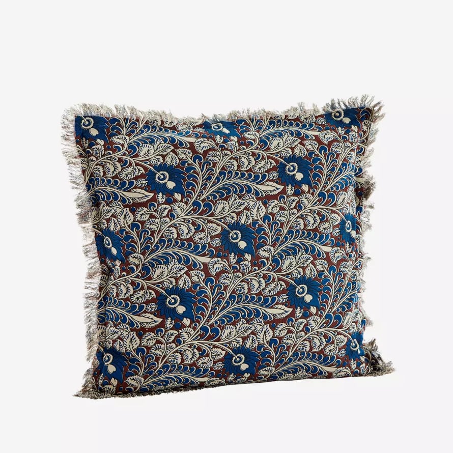 Madam Stoltz Printed cushion with fringe blue peafowl tail