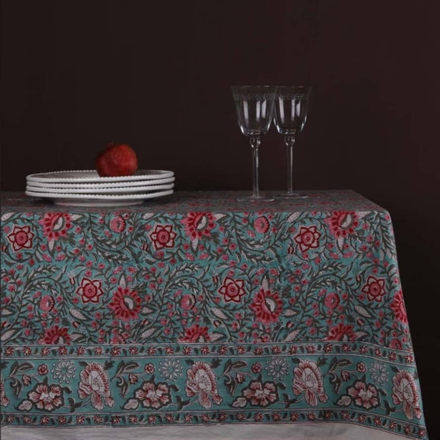 Indienne Cotton Hand Block Printed Tablecloth In Turquoise And Pink Floral