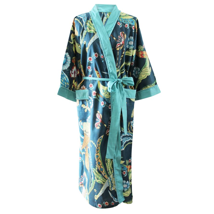 Powell Craft Blue Floral Exotic Bird Print Cotton Dressing Gown
