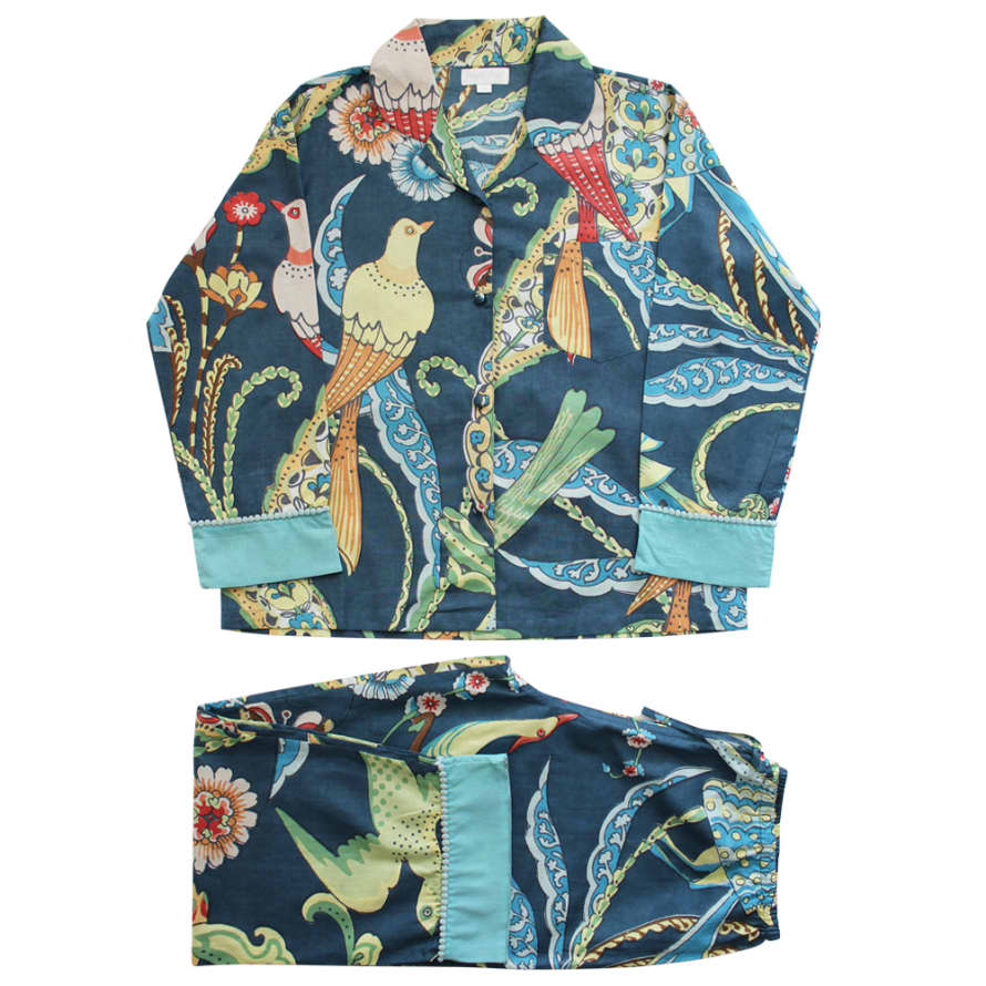 Powell Craft Blue Floral Exotic Bird Print Cotton Pyjamas