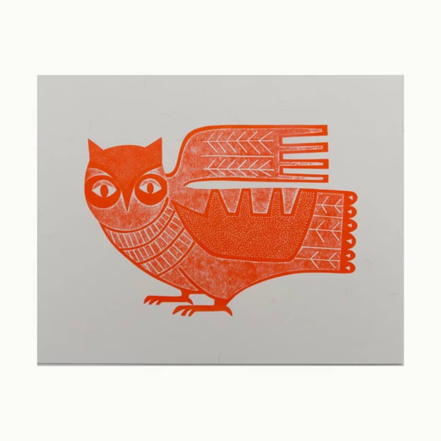 Claire Spencer Owl Collagraph Print In Red