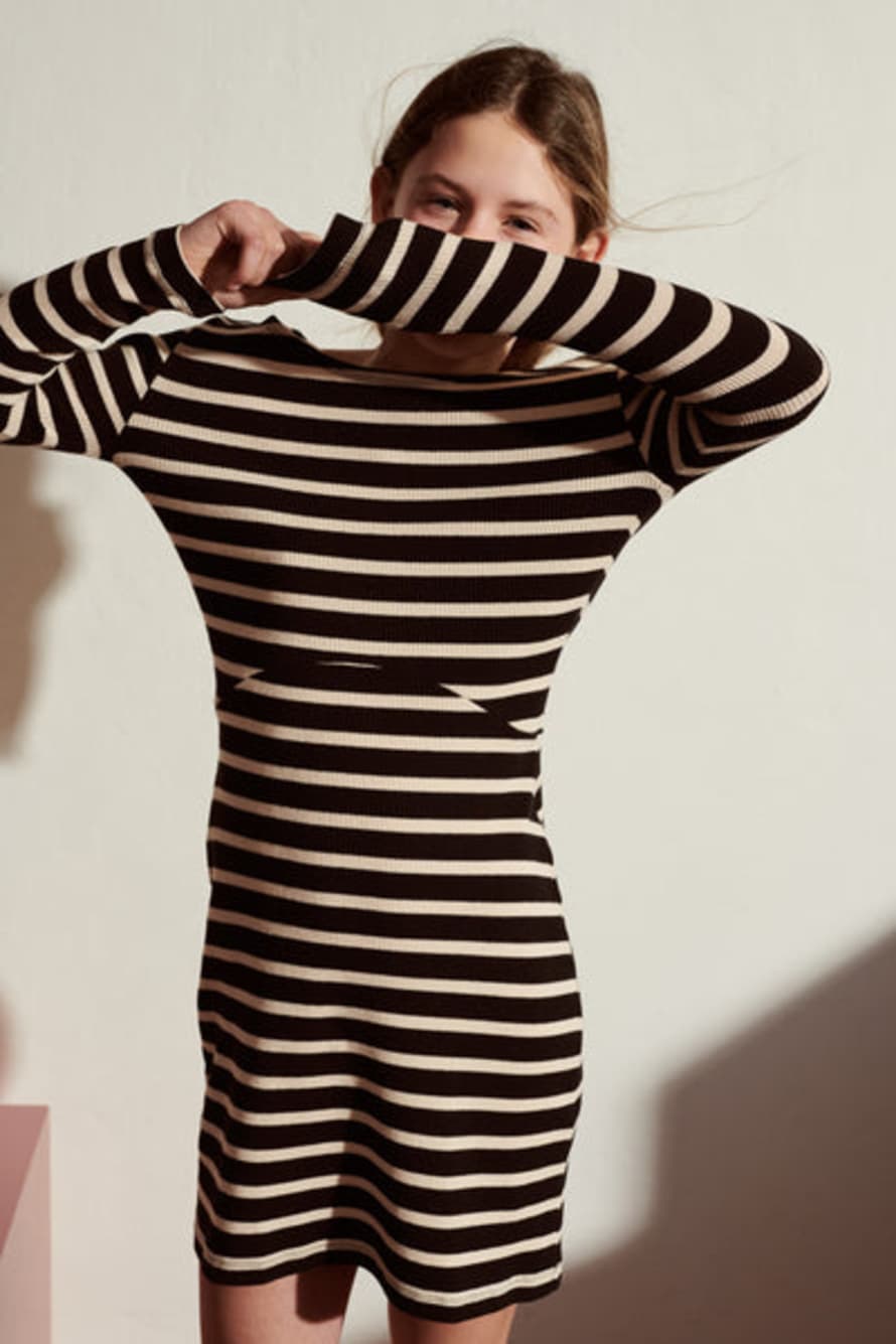 LOVE kidswear Erin Dress In Black / Cream Striped Rib Jersey For Kids