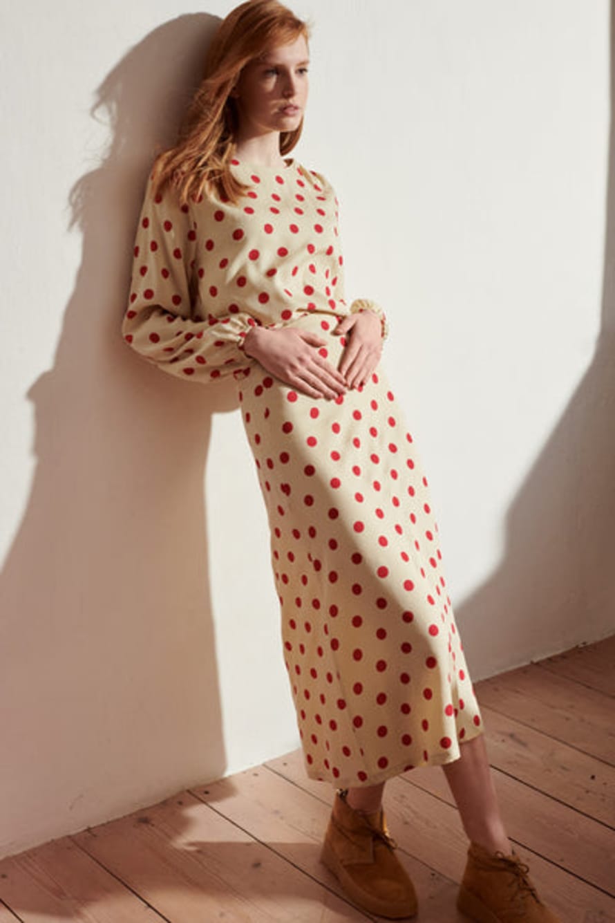 LOVE kidswear Livia Skirt In Beige Tencel With Red Polka Dots For Women