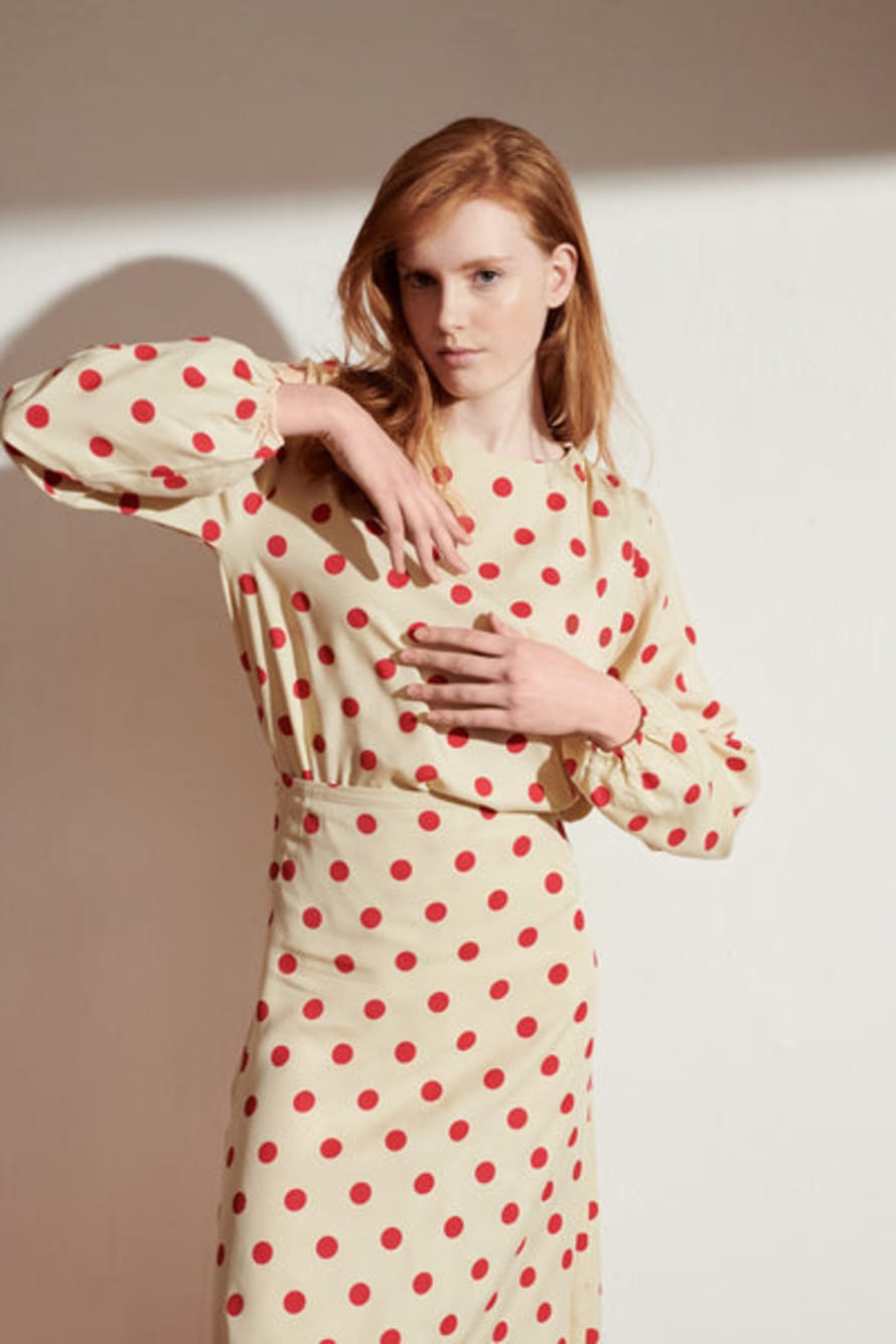 LOVE kidswear Phoebe Blouse In Tencel In Beige With Red Polka Dots For Women