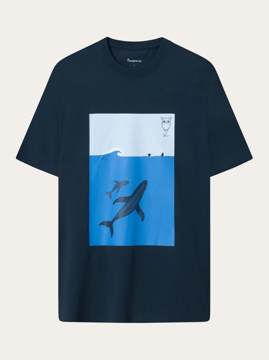 Knowledge Cotton Apparel  1010023 Regualar Whale Front Print T-shirt 1001 Total Eclipse