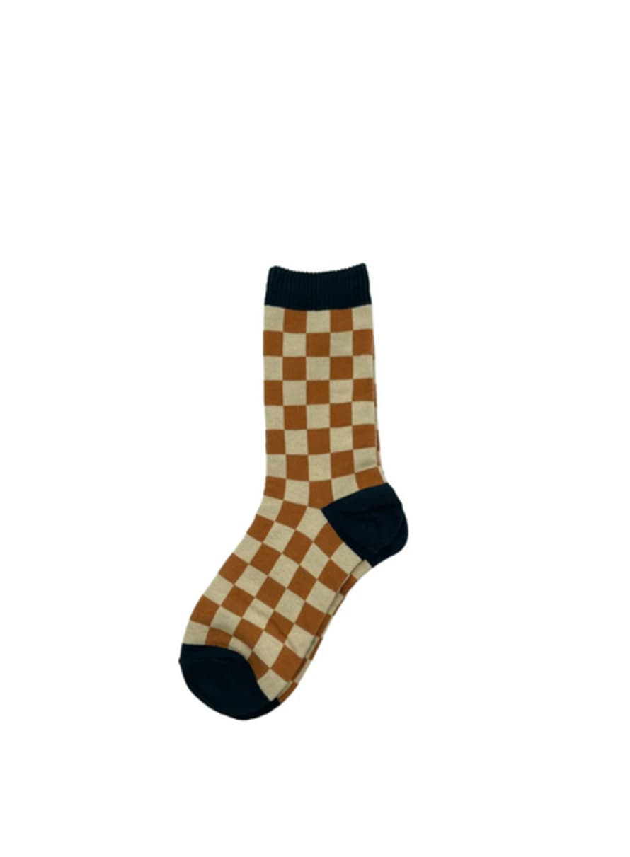 sixton Chequerboard Socks In Amber & Cream From