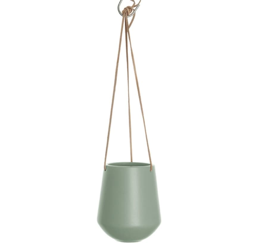 Present Time Medium Ceramic Hanging Plant Pot with Leather Cord