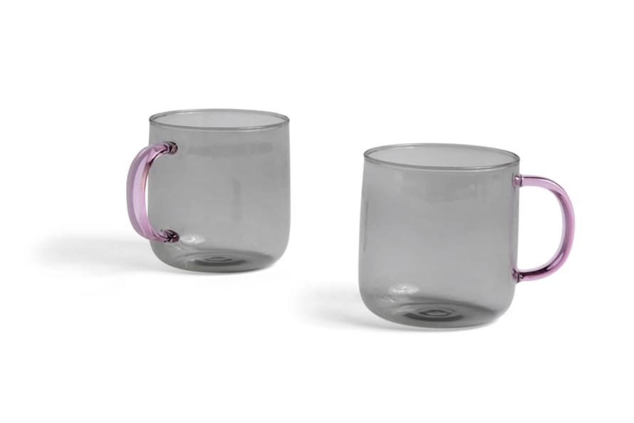 HAY Set of 2 Light Grey Borosilicate Mugs with Pink Handle