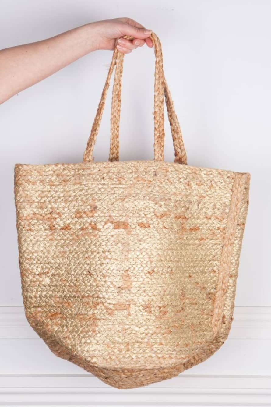 Hot Tomato Natural Jute Tote Floral Print With Metallic In Gold